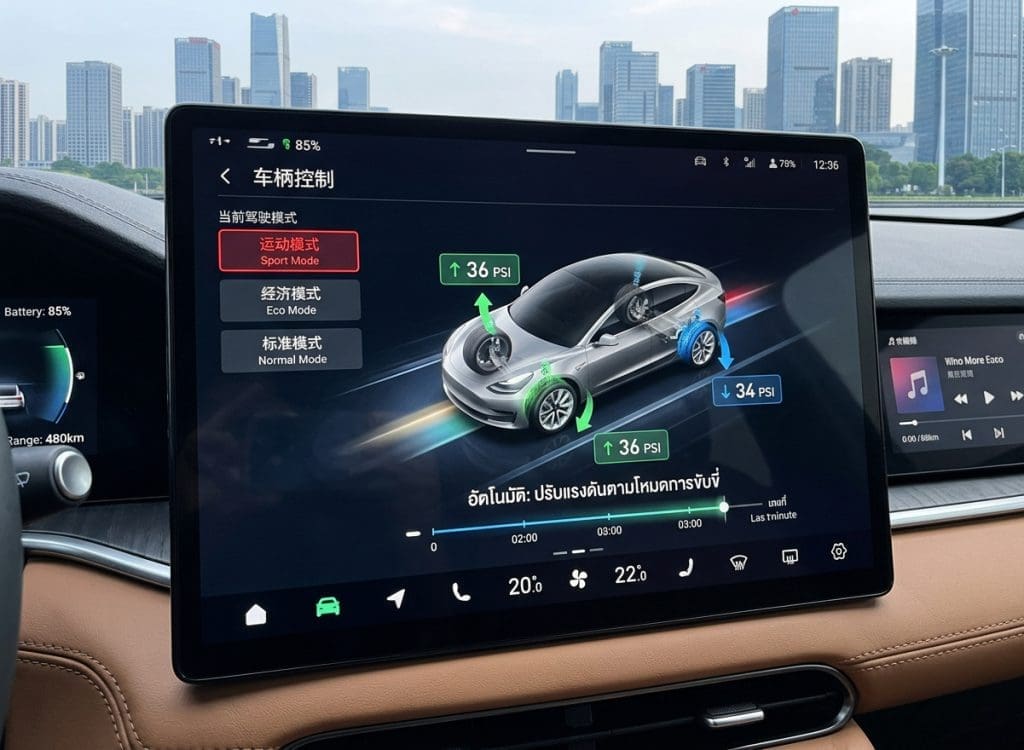 Infotainment screen shows a car diagram with tire pressures (36 PSI front, 34 PSI rear) and drive mode options on the left, city skyline outside the windshield.