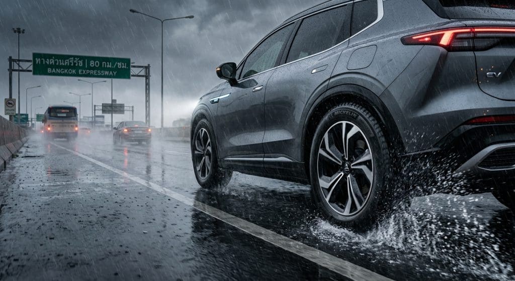 SUV driving on a wet highway in heavy rain, water splashing around the wheels with a Bangkok Expressway sign in the background