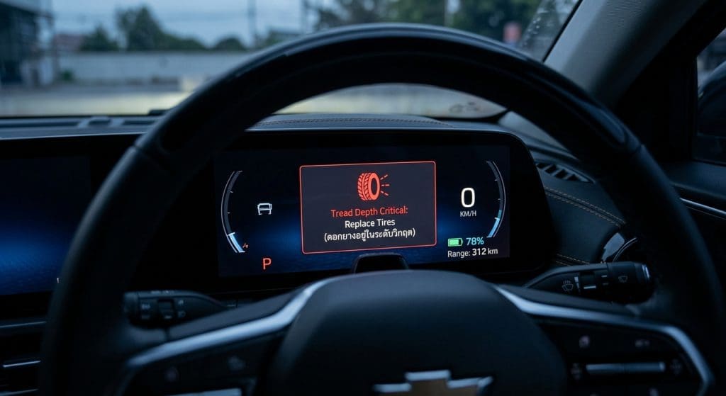 Car dashboard showing a tire tread warning: 'Tread Depth Critical — Replace Tires' on the central display with speed at 0 and the car in park