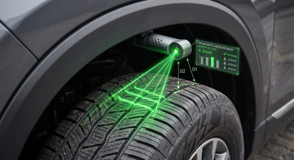 Tire tread depth being measured by a green laser sensor with an on-screen readout showing depth values (4.3 mm).